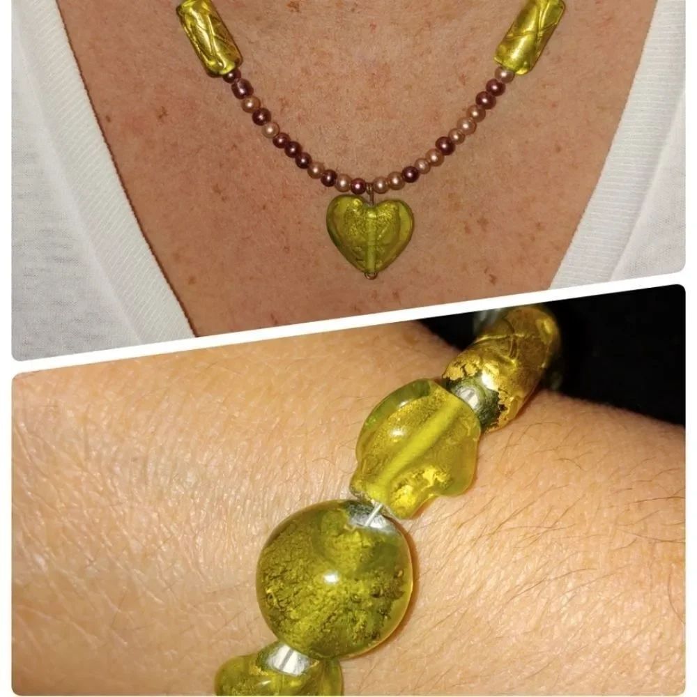 Handmade SET Green Glass Round/Heart shape with Rose/Brown spacer beads